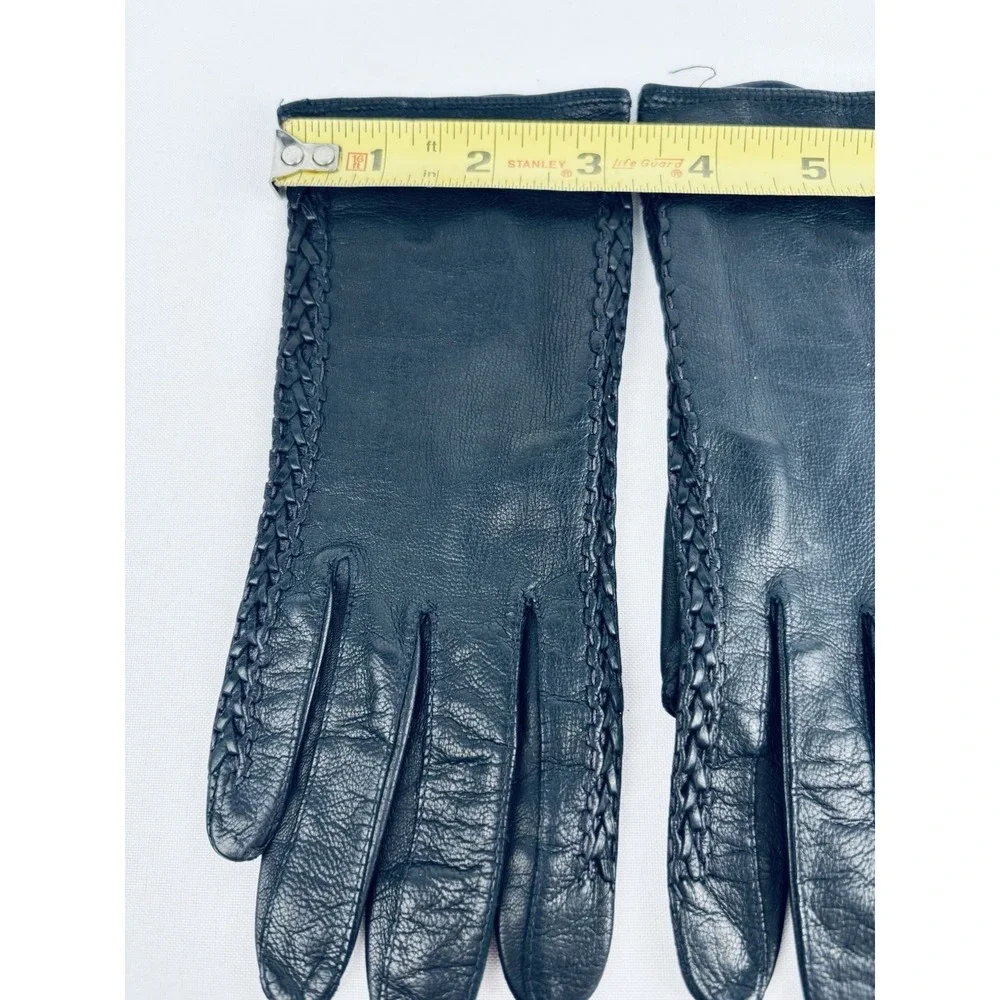Vintage Madova Black Braided Kid Leather Women's Gloves Size 6.5 Florence Italy